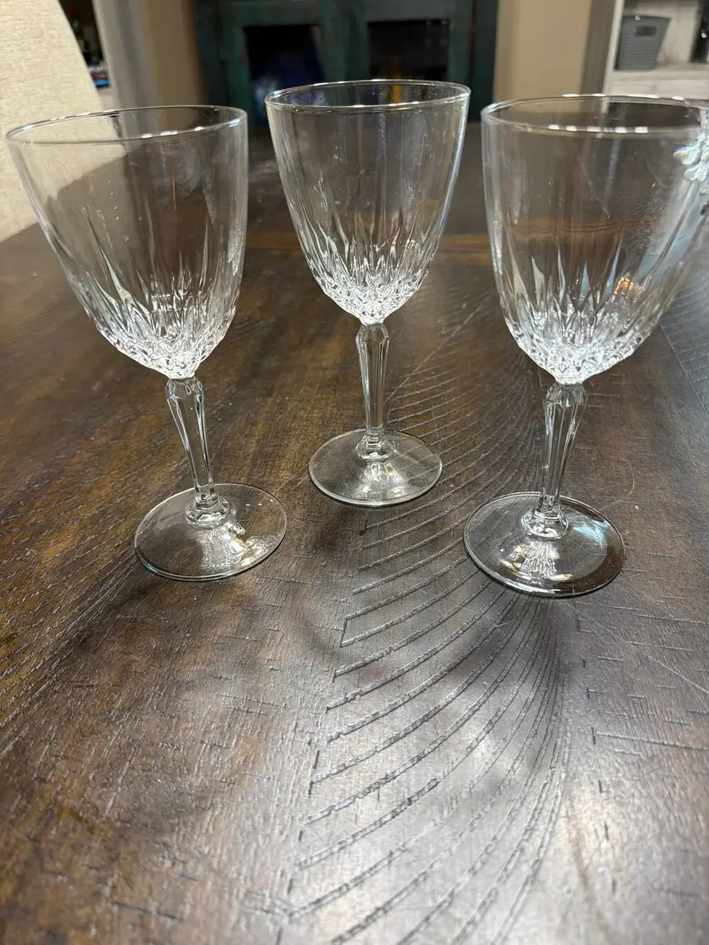 Set of 3 Vintage Cut Glass Wine Goblets Fan Starburst Pattern Elegant Stemware